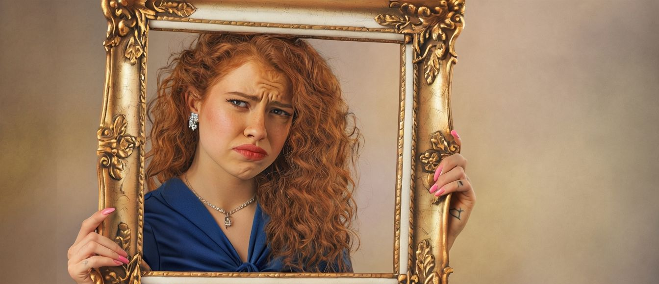 Close-Up of Young Woman with Curly Red Hair holding a painting frame and with a dissatisfied face.